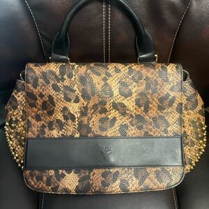 MCM Leopard Print Satchel with Black Trim and Gold Studs